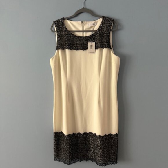 Calvin Klein Dresses & Skirts - New Calvin Klein Cocktail Ivory/Black Lace Sheath Sleeveless Dress - Size 16